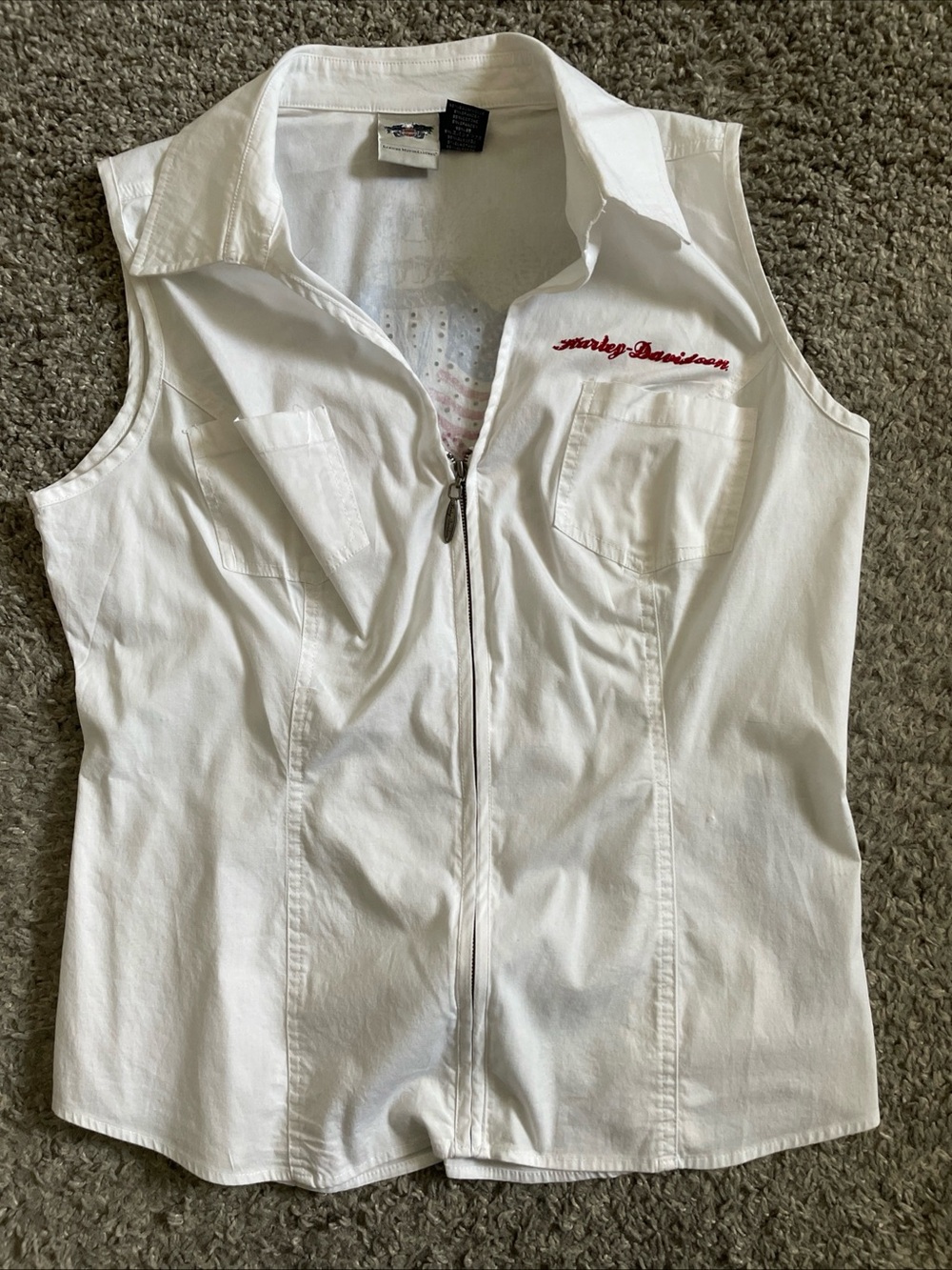 Harley Davidson Embroidered White Sleeveless Button-Up shirt/ Vest